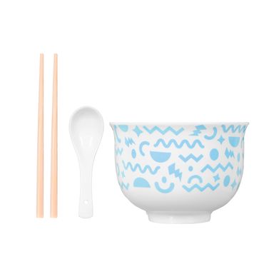 Tazon Para Noodle Estilo Japones Con Cuchara Y Palillos MINISO Porcelana, Bambú Azul 450 ml
