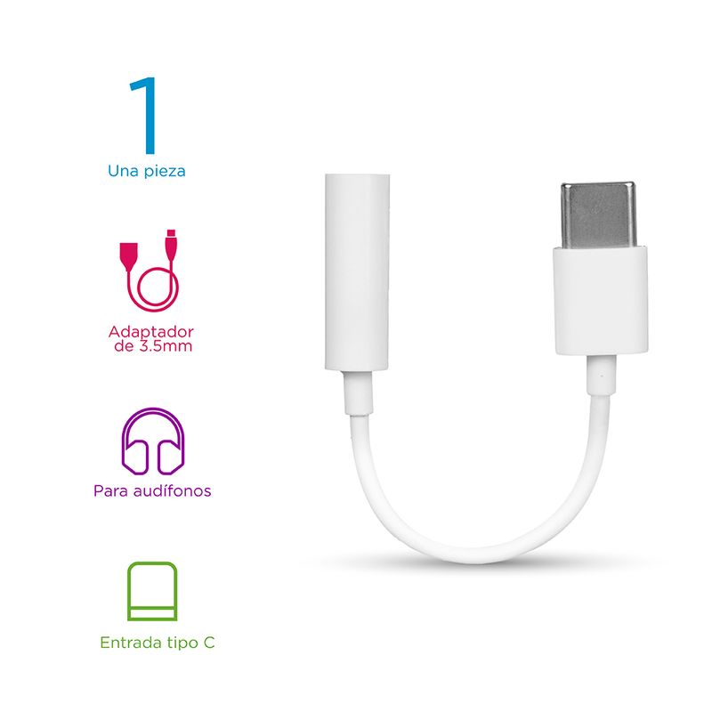 Adaptador Apple/ Lightning a Jack/ 3.5 mm/ Para Audífonos/ Blanco