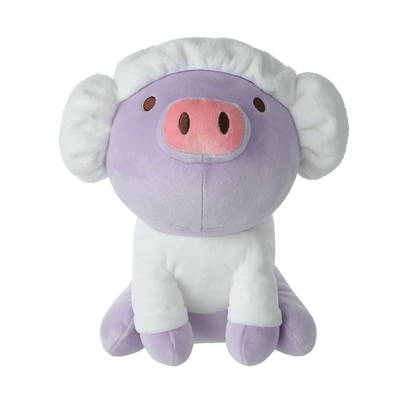 Peluche-Sentado-De-Cerdo-Redondo-Con-Adorno-En-Cabeza-Gris-Y-Morado-Mini-Family-MINISO-2-12979