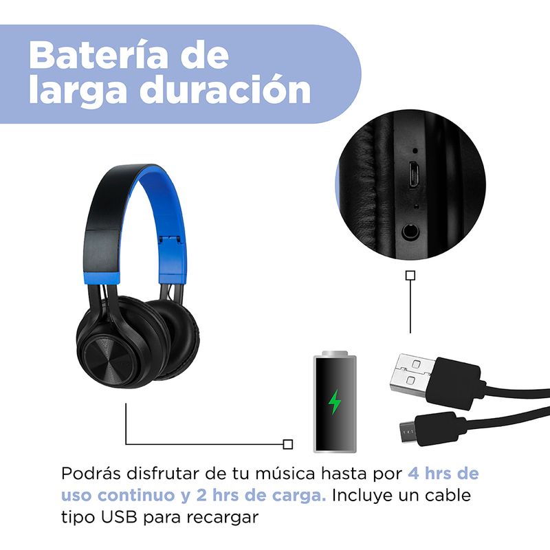 AUDÍFONOS BLUETOOTH DE DIADEMA CON BATERÍA DE LARGA DURACIÓN