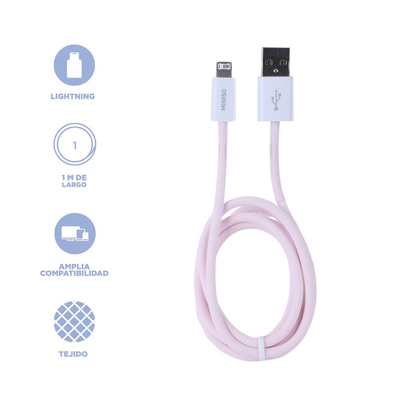 Cable-De-Carga-Y-Datos-Miniso-USB-A-Lightning-Nailon-Reforzado-Rosa-12W-4-26455