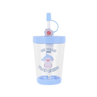 Vaso Con Tapa Y Bombilla Miniso Cerdita Gigi Plástico Azul 535 ml
