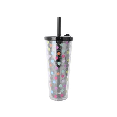Vaso Con Tapa Y Popote MINISO Dots Plástico Negro