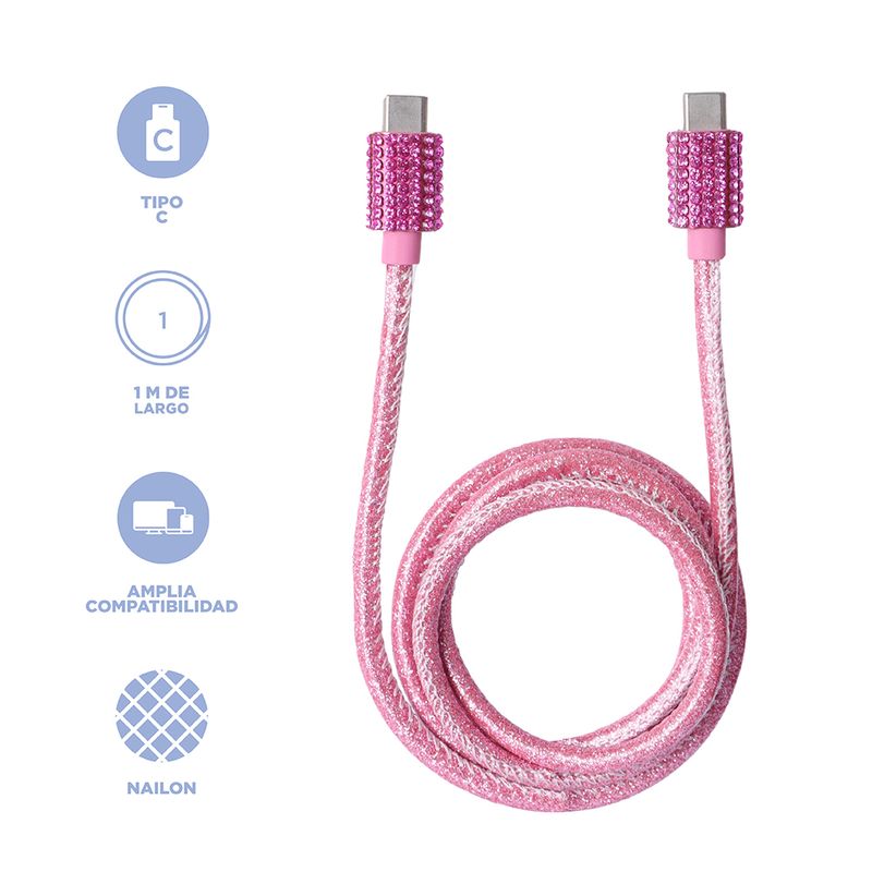 Cable-De-Carga-Y-Datos-Tipo-C-Nailon-Reforzado-Rosa-1-m-60-W-Diamond-Like-3-30496