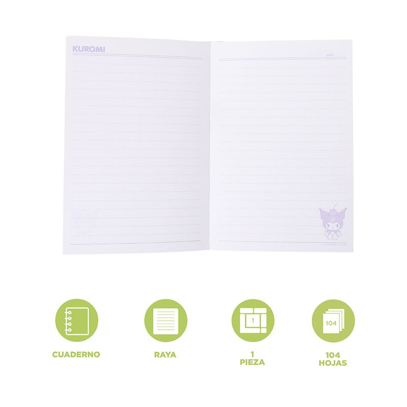 Libreta-Sanrio-Kuromi-Pasta-Suave-Lila-14x20-4-cm-104-Hojas-Rayas-3-30883