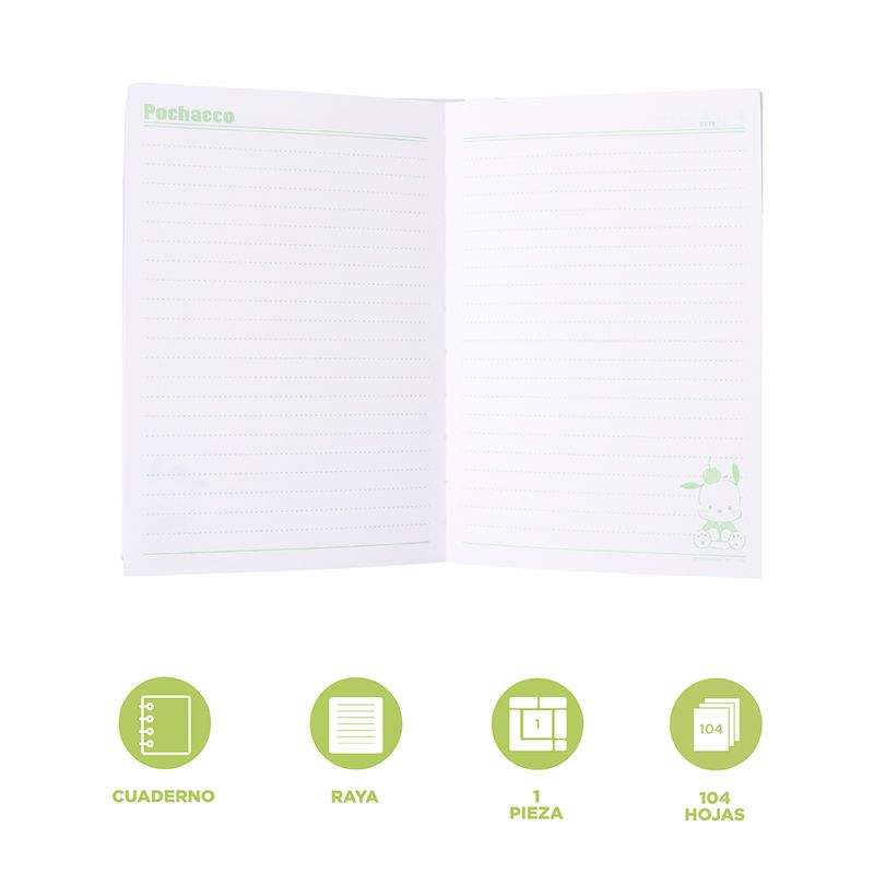 Libreta-Sanrio-Pochacco-Pasta-Suave-Verde-14x20-4-cm-104-Hojas-Rayas-3-30884