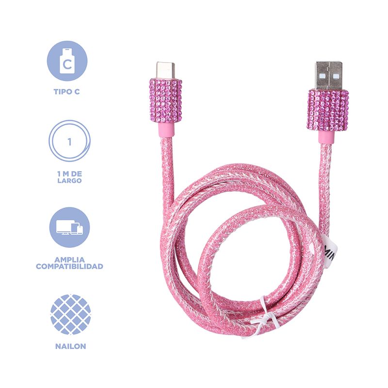 Cable-De-Carga-R-pida-Y-Datos-USB-A-Tipo-C-Nailon-Reforzado-Rosa-1-m-25-W-Diamond-Like-3-30894