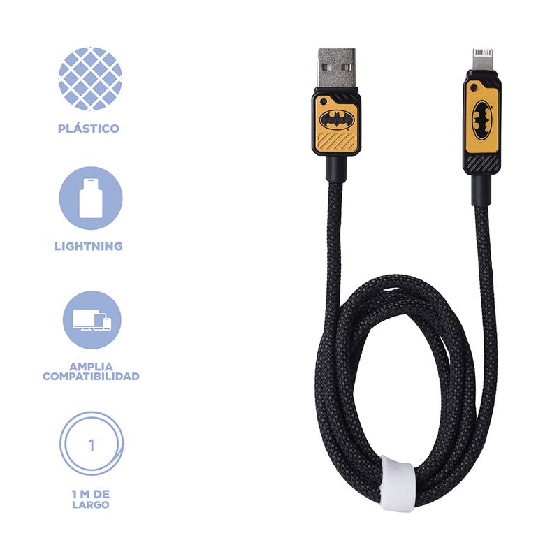 Cable-De-Carga-Super-R-pida-Y-Datos-DC-Batman-USB-A-Lightning-Nailon-Reforzado-Negro-1-m-12-W-3-30976