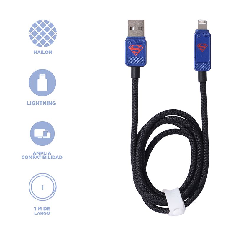 Cable-De-Carga-Super-R-pida-Y-Datos-DC-Superman-USB-A-Lightning-Nailon-Reforzado-Negro-1-m-12-W-3-30977
