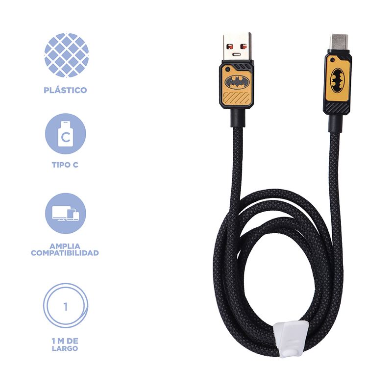 Cable-De-Carga-Super-R-pida-Y-Datos-DC-Batman-USB-A-Tipo-C-Nailon-Reforzado-Negro-1-m-66-W-3-30978