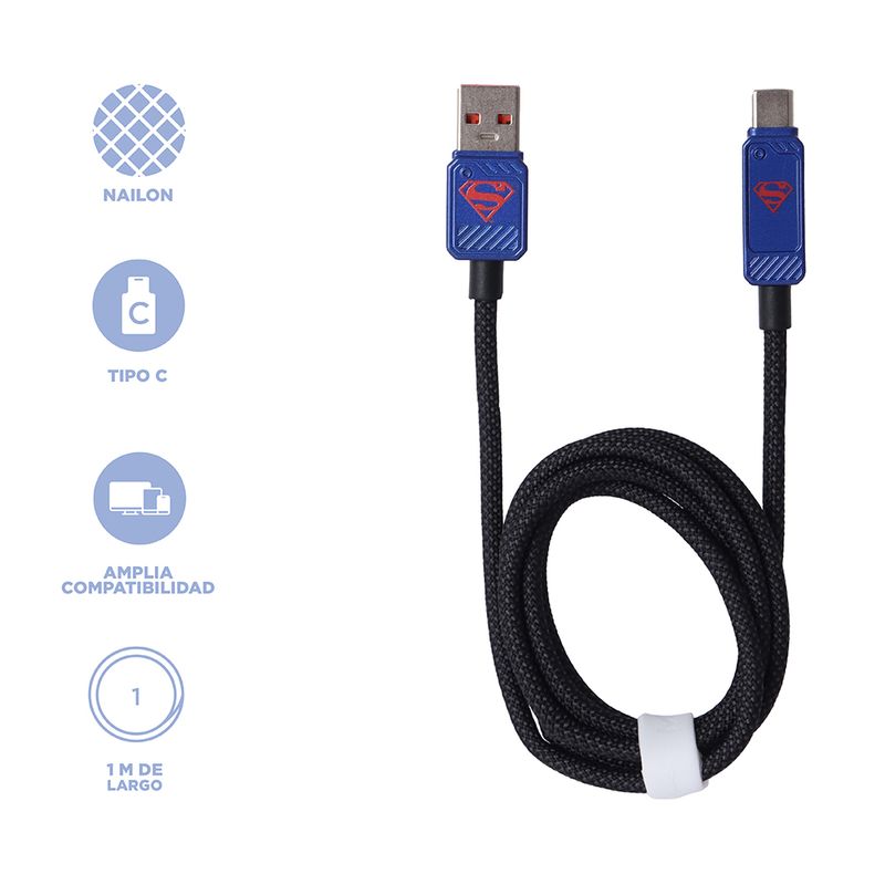 Cable-De-Carga-Super-R-pida-Y-Datos-DC-Superman-USB-A-Tipo-C-Nailon-Reforzado-Negro-1-m-66-W-3-30979