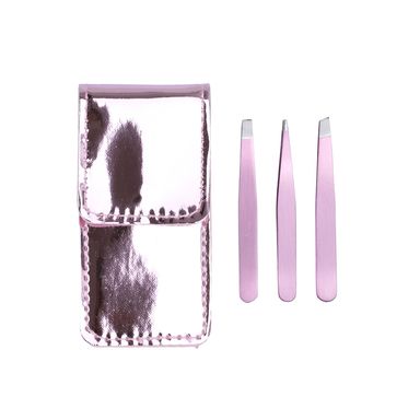 Kit Pinzas Para Cejas Con Funda Shiny Pink Acero Inoxidable 3 Piezas